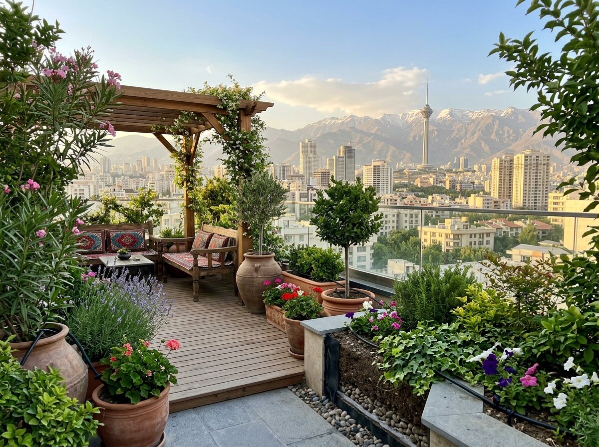روف گاردن مدرن اجراشده روی پشت‌بام ساختمان