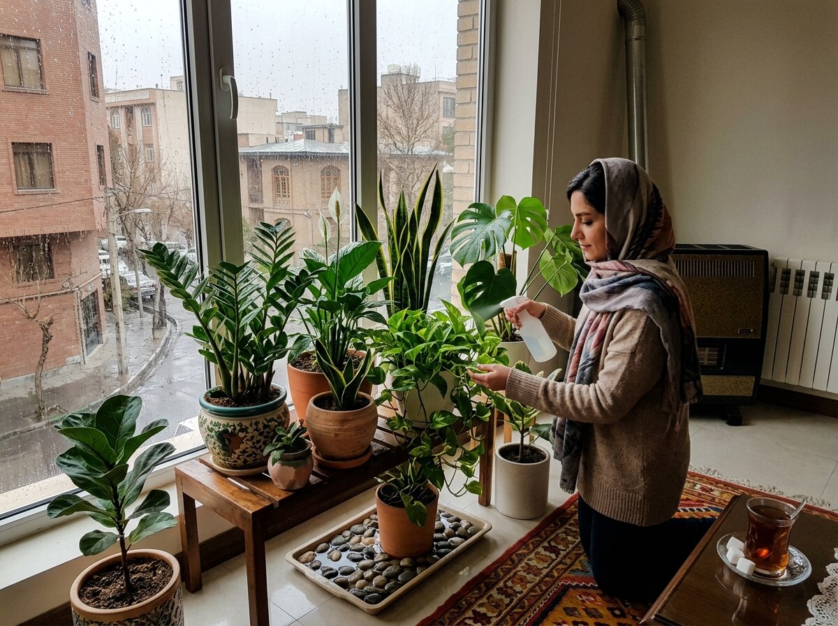 گیاه آپارتمانی کنار پنجره در فصل زمستان