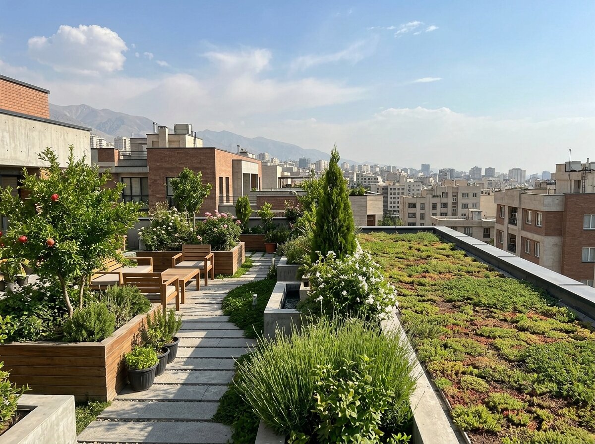 نمای برشی لایه‌های یک بام سبز روی پشت‌بام ساختمان