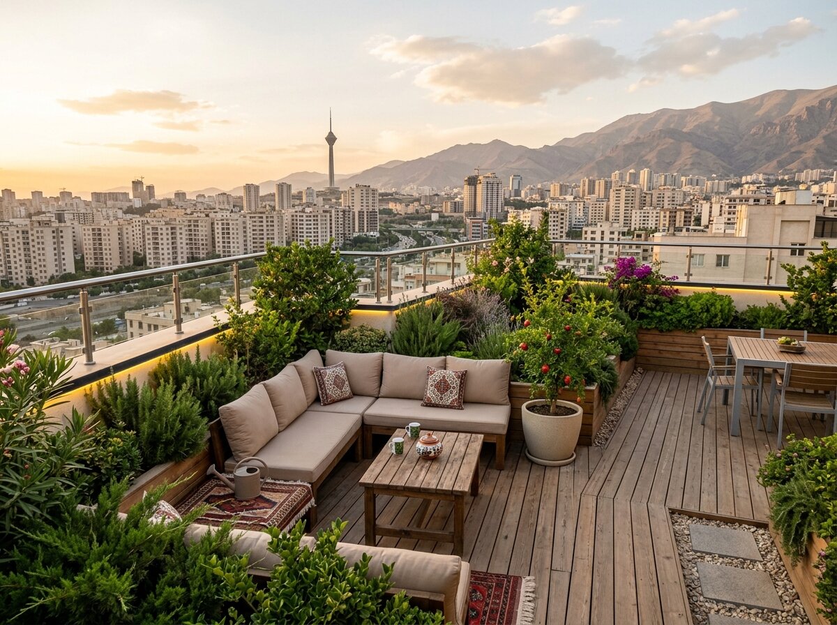 روف گاردن ۶۵ متری اجراشده روی پشت‌بام آپارتمان مسکونی در تهران