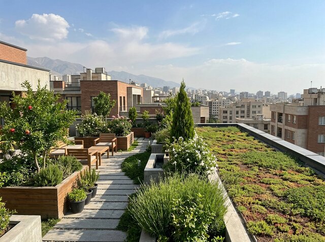نمای برشی لایه‌های یک بام سبز روی پشت‌بام ساختمان