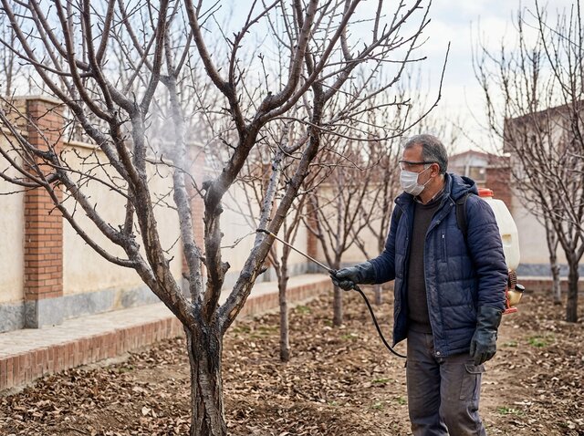 سمپاشی پاییزه‌ی درختان باغ توسط باغبان متخصص