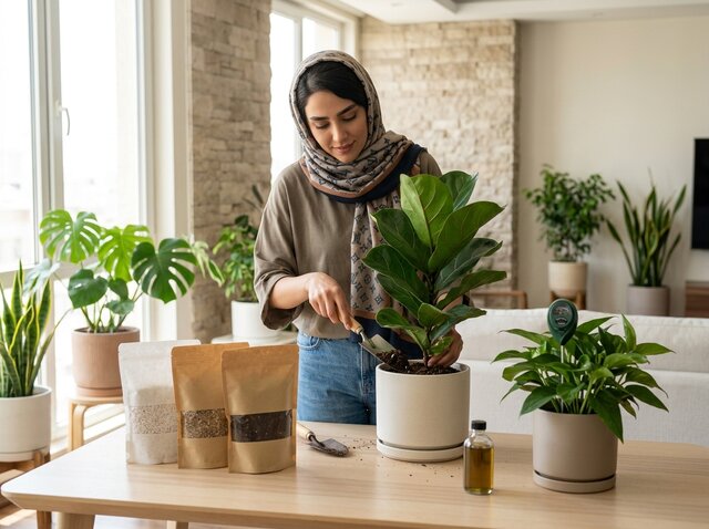 تعویض خاک و کوددهی گیاهان توسط آلاسبز